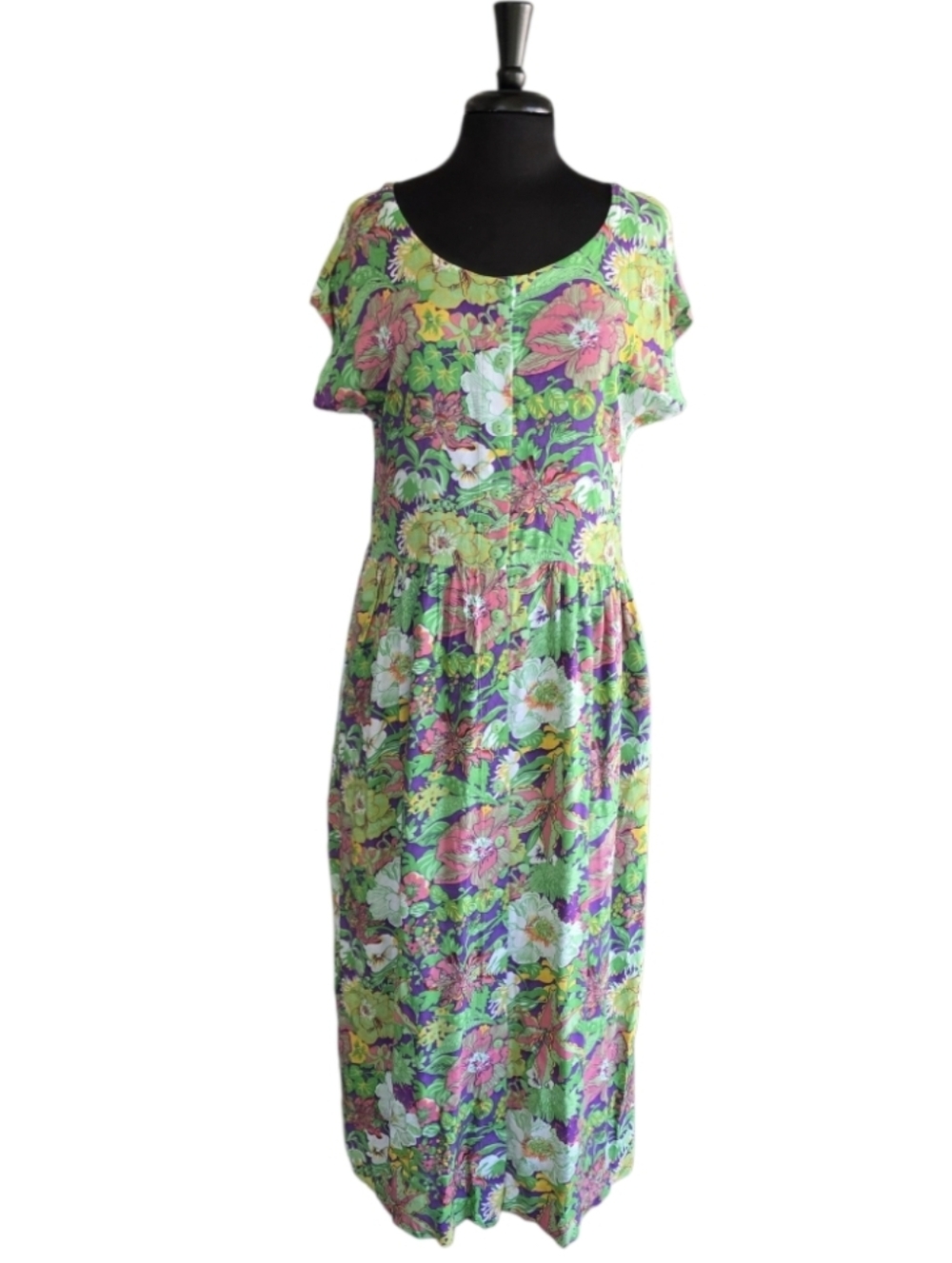 Vintage Key West Hand Print Fashions Floral Maxi Dress in Green, Pink, Purple